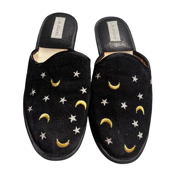L.B. Evans Mens Black Velvet Slippers With Moon & Star Embroidery Size 7M - Picture 3 of 5
